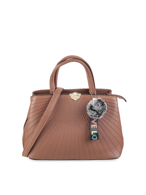 

Mochi Brown Geometric Textured Bowling Handheld Bag with Tasselled