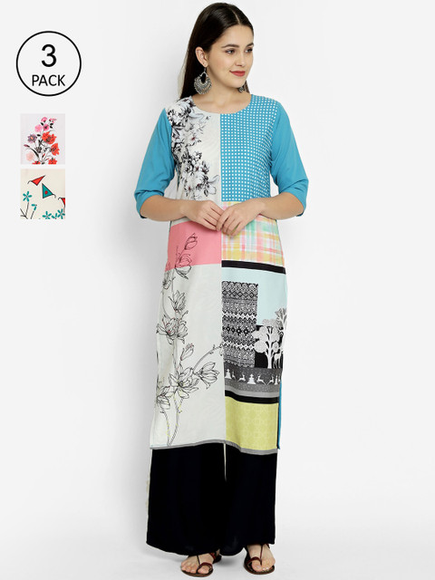 

7Threads Pack of 3 Printed Crepe Straight Kurtas, Multi