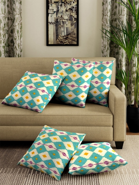 

NEUDIS Sea Green & Beige Set of 5 Abstract Square Cushion Covers