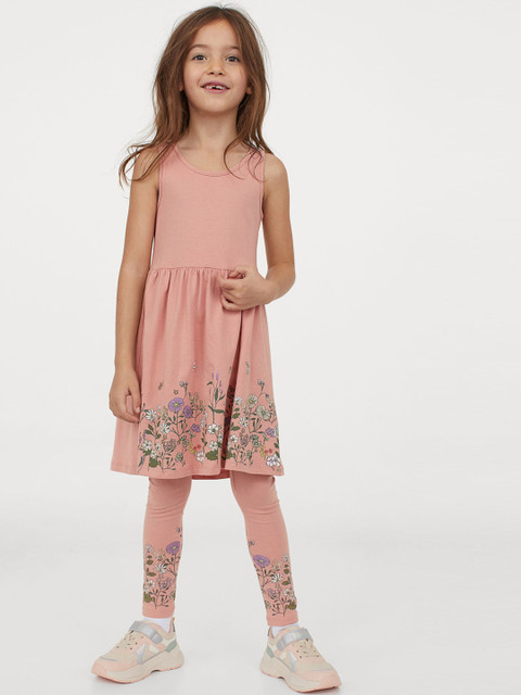 

H&M Girls Cotton Pink Floral Printed Jersey Fit and Flare Dress