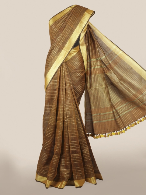 

Pothys Brown & Gold-Coloured Linen Blend Checked Saree