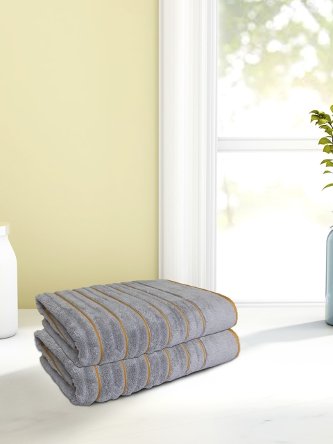 

SPACES Unisex Set Of 2 Grey & Yellow Ribbed 575 GSM Hand Towels