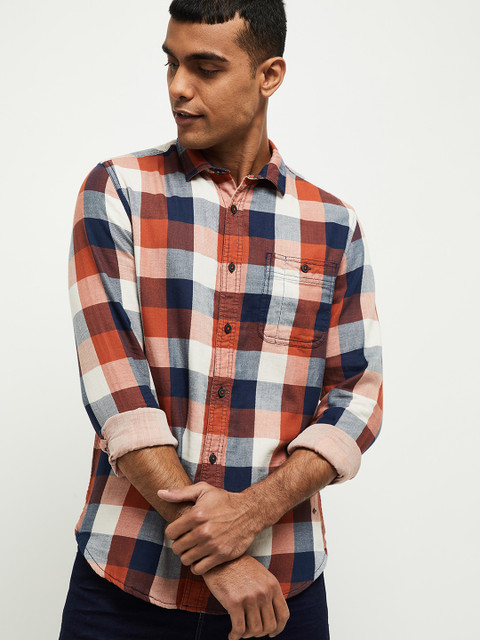 

max Men Orange & Navy Blue Slim Fit Checked Casual Shirt