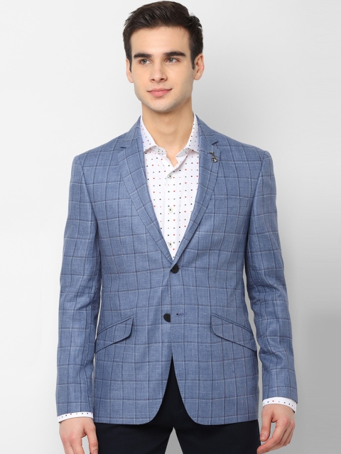

SIMON CARTER LONDON Men Blue & Grey Checked Single-Breasted Slim Fit Linen Formal Blazer