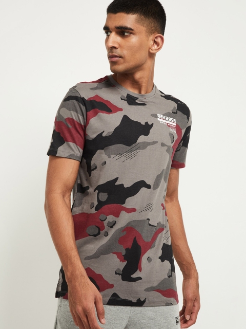 

max Men Grey Black Printed Slim Fit Round Neck Cotton Pure Cotton T-shirt