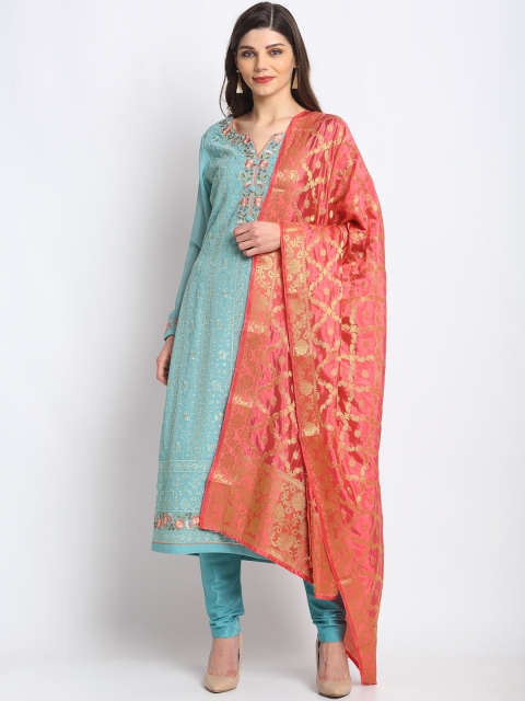 

Stylee LIFESTYLE Turquoise Blue & Red Poly Georgette Unstitched Dress Material