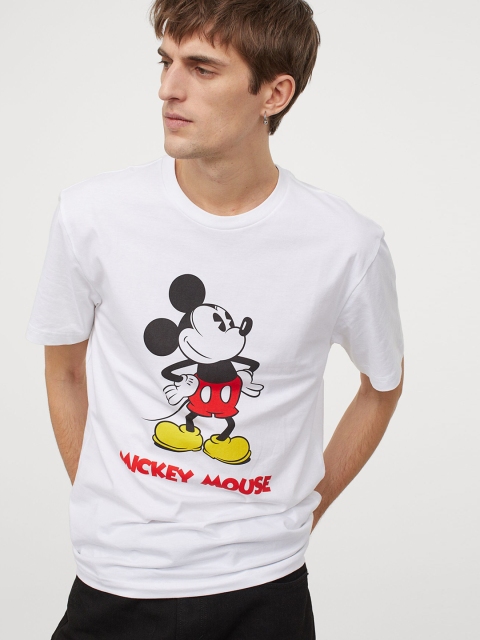 

H&M Men White Mickey Mouse Printed Cotton T-shirt