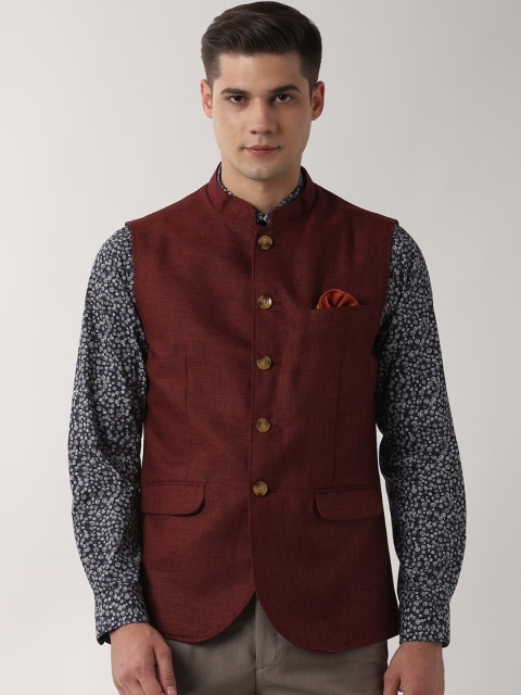 

Peter England Elite Men Maroon Woven Design Nehru Jacket