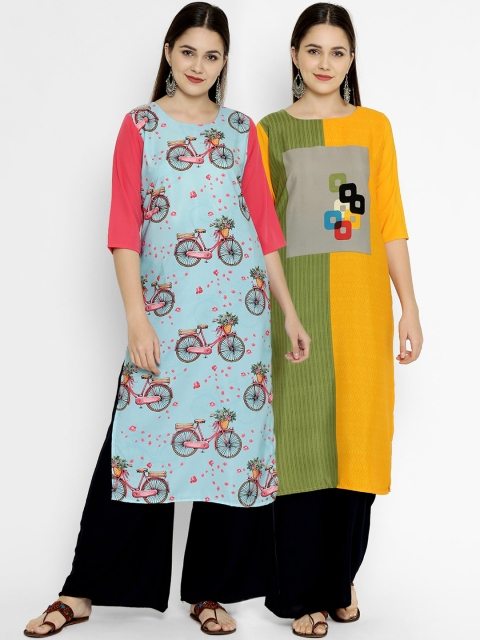 

7Threads Pack of 2 Printed Crepe Straight Kurtas, Blue