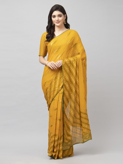 

Satrani Mustard Pure Georgette Striped Leheriya Saree