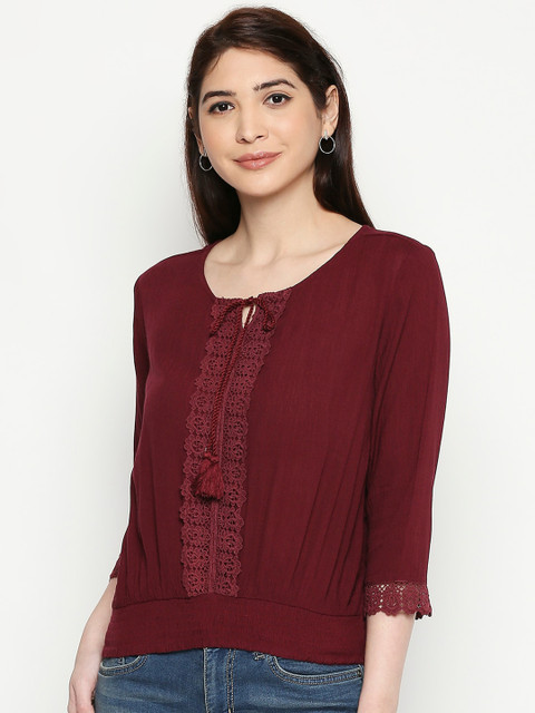 

People Maroon Tie-Up Neck Top