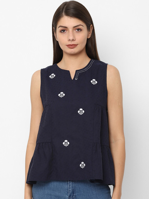 

Allen Solly Woman Navy Blue Floral Printed Pure Cotton Top