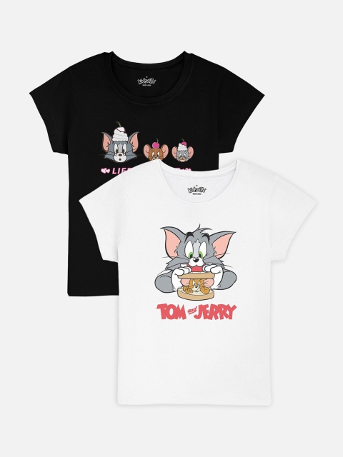 

Kids Ville Girls Pack Of 2 Tom Jerry Printed Round Neck Pure Cotton T-shirts, Black