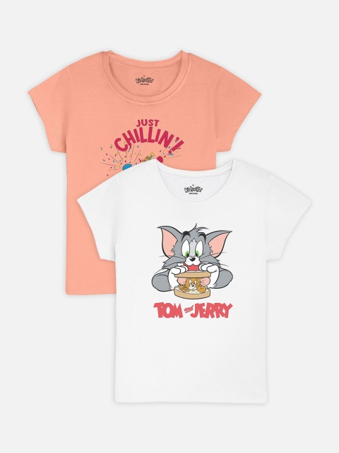 

Kids Ville Girls Pack Of 2 Tom & Jerry Printed Round Neck T-shirts, White