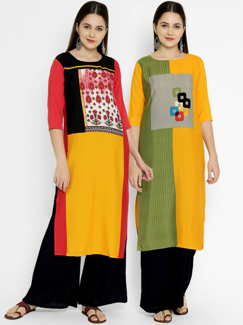 

7Threads Pack Of 2 Multicoloured Colourblocked Floral Crepe Kurta, Multi