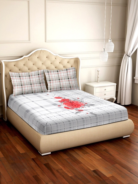 

BELLA CASA Grey & Red Floral 300 TC Cotton 1 King Bedsheet with 2 Pillow Covers