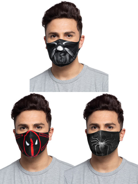 

TREEMODA Men Pack Of 3 Printed 3-Ply Reusable Cloth Masks, Black