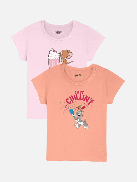 

Kids Ville Girls Pack Of 2 Tom & Jerry Printed Round Neck T-shirts, Orange