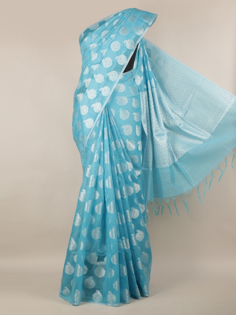 

Pothys Blue & Silver-Toned Cotton Blend Woven Design Saree