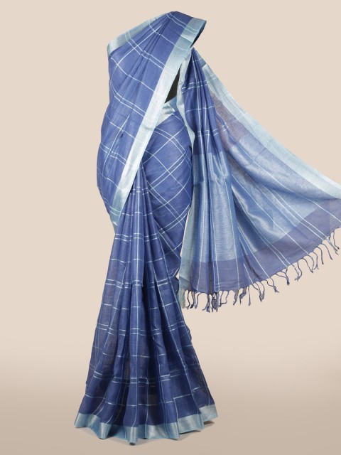 

Pothys Blue & Silver-Toned Linen Blend Checked Saree