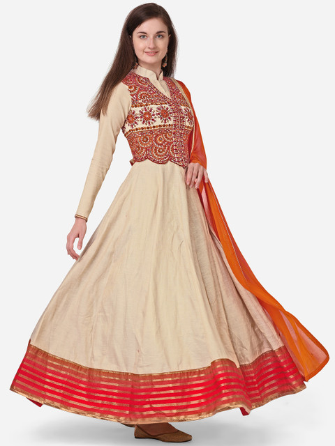 

NAKKASHI Off-White & Orange Poly Silk Semi-Stitched Dress Material