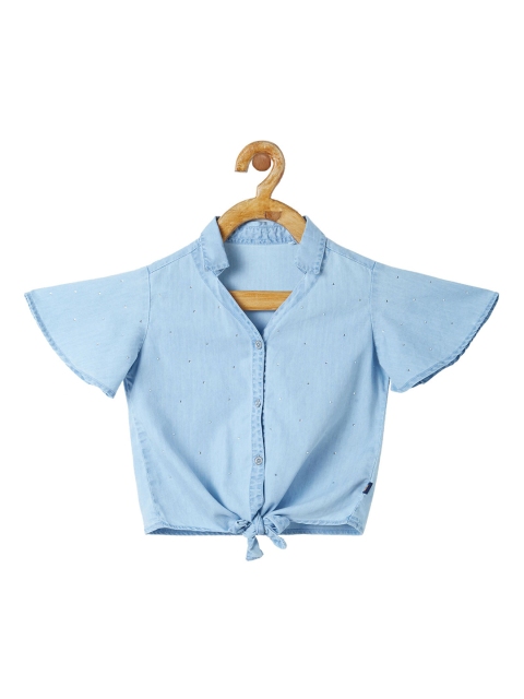 

VITAMINS Blue Embellished Flared Sleeves Studded Pure Cotton Shirt Style Top