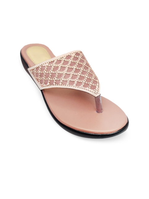 FREECO Women Gold-Toned Textured T-Strap Flats