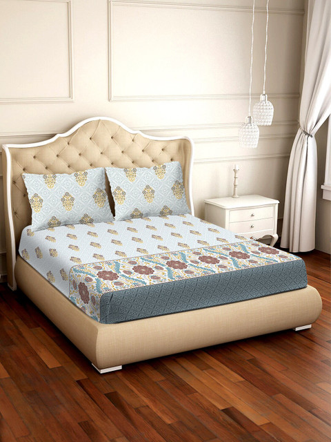 

BELLA CASA Blue & Brown Floral 300 TC Cotton 1 King Bedsheet with 2 Pillow Covers