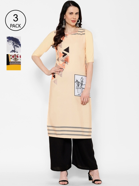 

7Threads Women Multicoloured Printed Crepe Kurta Pack of 3, Multi