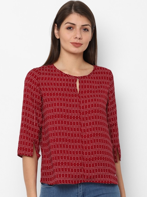 

Allen Solly Woman Maroon & Off-White Geometric Printed Keyhole Neck Top