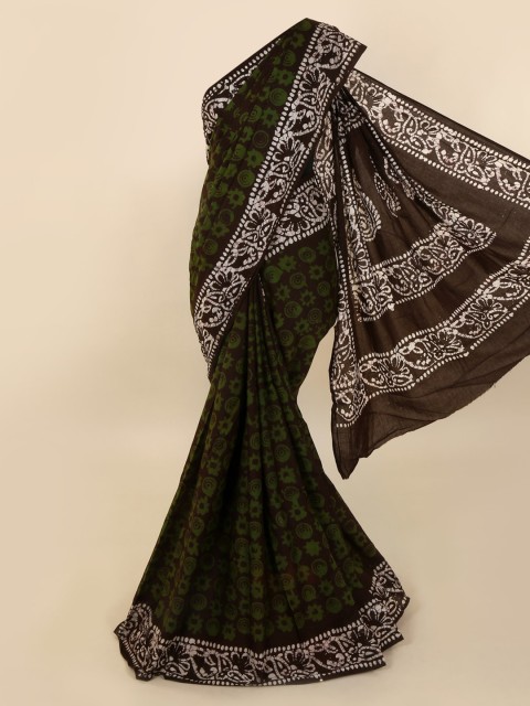 

Pothys Women Green & Brown Batik Printed Pure Cotton Saree