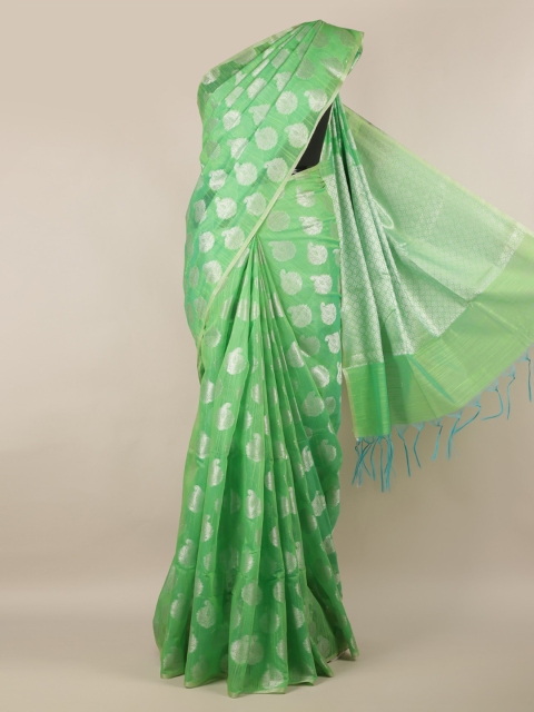 Pothys Green & Silver-Coloured Cotton Blend Woven Design Saree