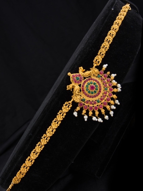 

Alankruthi Gold-Plated Pink & Green Stone-Studded Peacock Design Kamarbandh