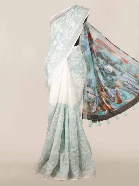 

Pothys Blue & White Linen Blend Floral Printed Saree