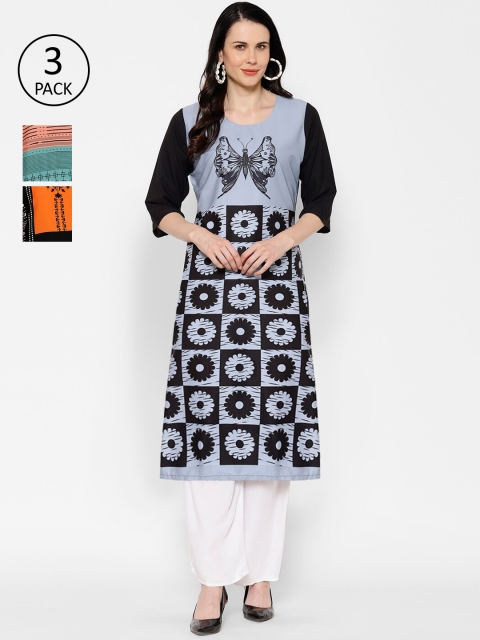 

7Threads Multicoloured Pack of 3 Floral Printed Crepe Kurta, Multi
