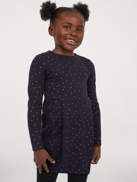 

H&M Girls Navy Blue & Gold-Coloured Self-Design Pocket-Detail Dress