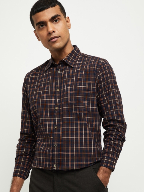 

max Men Brown & White Regular Fit Checked Cotton Casual Shirt