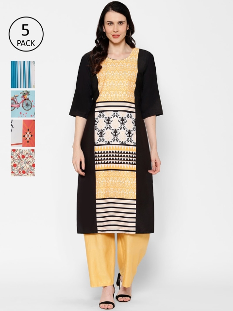 

7Threads Pack Of 5 Printed Crepe Round Neck Regular Sleeves Kurtas, Beige