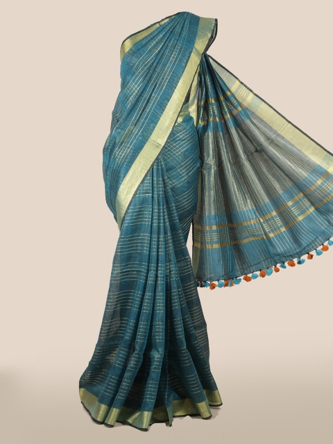 

Pothys Blue & Gold-Toned Linen Blend Checked Saree