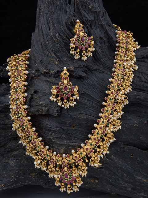 

Alankruthi Gold-Plated Red & Green Stone-Studded & Beaded Temple Jewellery Set