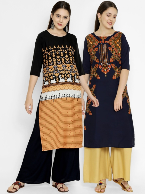 

7Threads Pack of 2 Printed Crepe Straight Kurtas, Black