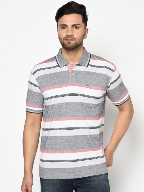 

Duke Men Grey Striped Polo Collar T-shirt