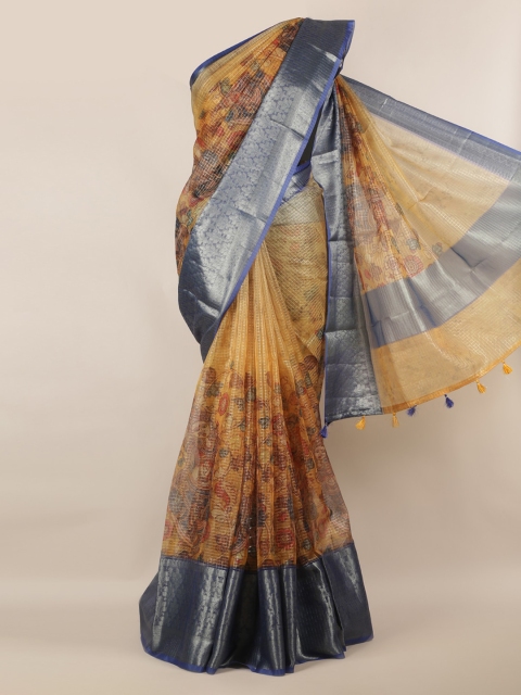 

Pothys Mustard Yellow & Blue Tissue Floral Printed Saree