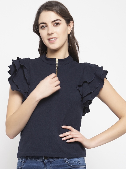 

EMBLAZE Women Navy Blue Solid Flutter Sleeves Top