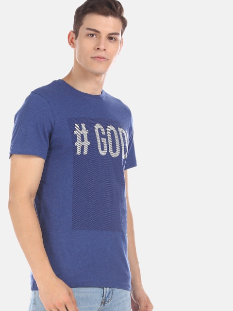 

True Blue Men Navy Blue Printed V-Neck T-shirt