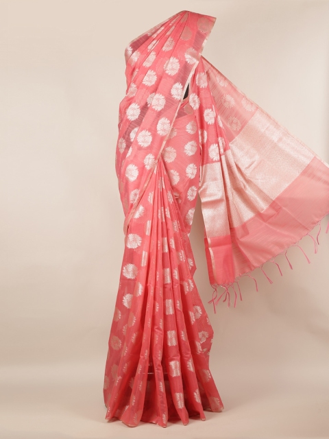 

Pothys Peach-Coloured & Silver-Coloured Cotton Blend Woven Design Saree