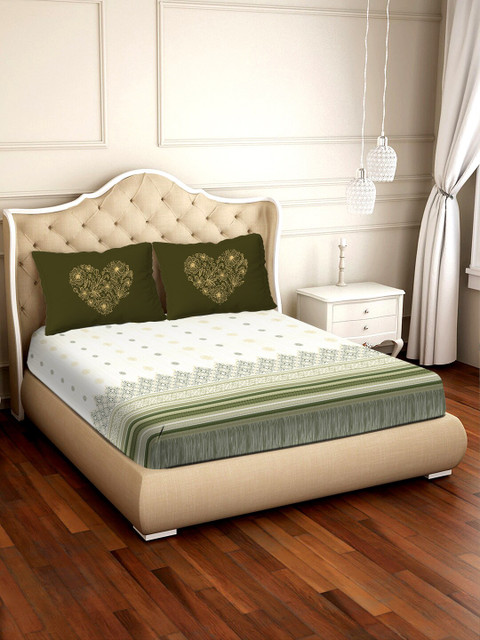 

BELLA CASA Green & White Conversational 300 TC Cotton 1 King Bedsheet with 2 Pillow Covers