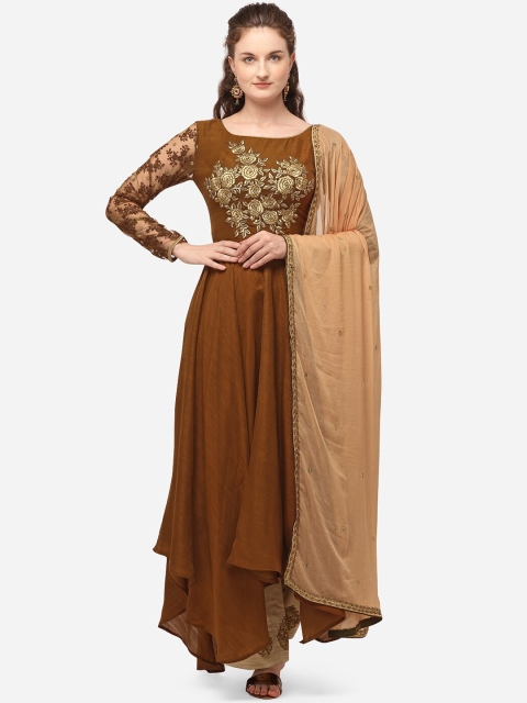 

NAKKASHI Brown & Tan Raw Silk Semi-Stitched Dress Material