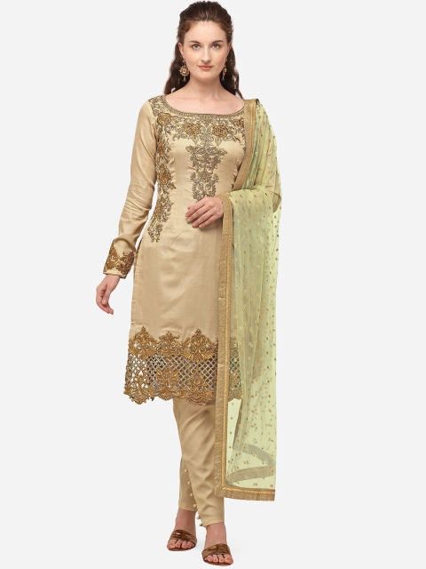 

NAKKASHI Beige & Green Tussar Silk Semi-Stitched Dress Material