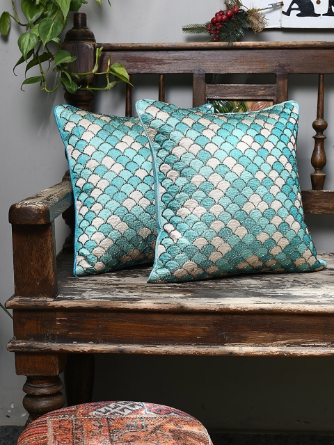 

AMOROSA Turquoise Blue & Off-White Set of 2 Embroidered Square Cushion Covers